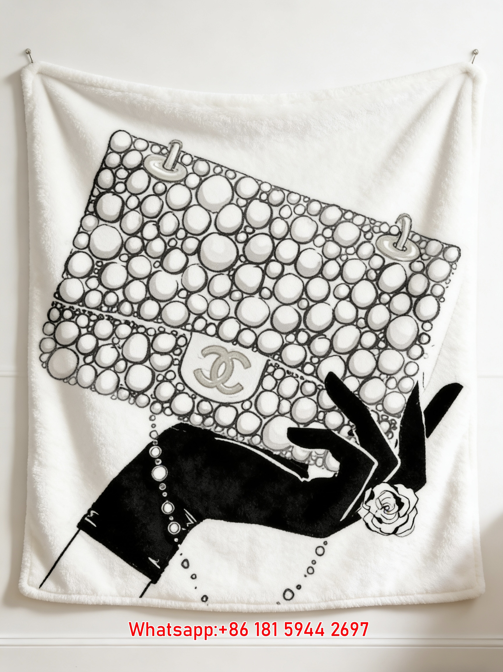 Chanel Pearl Clutch & Black Glove Illustration Flannel Sofa Throw Blanket IMG_6765